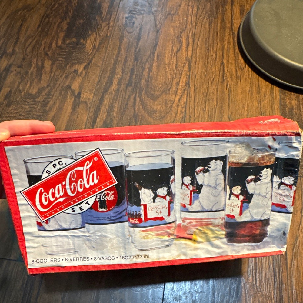 Vtg Coca-Cola 8 Pc Beverage Set 16 oz Polar Bear Glasses 1995 Indiana Glass